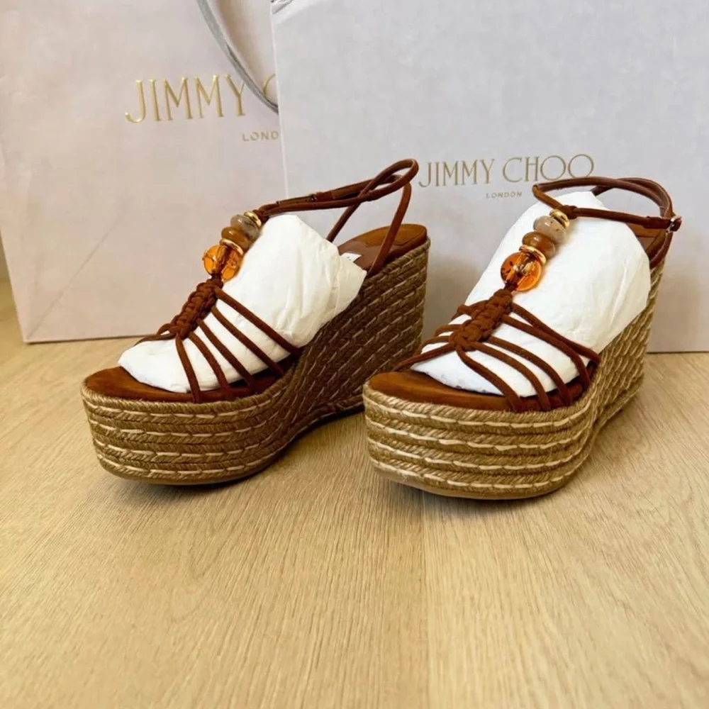 Jimmy Choo Tan Lemi Woven Platform Wedge Sandals 38 NIB - Picture 3 of 5
